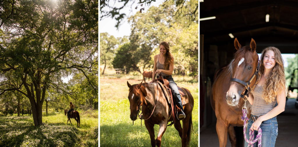 A girl rides her Thoroughbred horse through some beautiful trees in Dripping Springs, TX