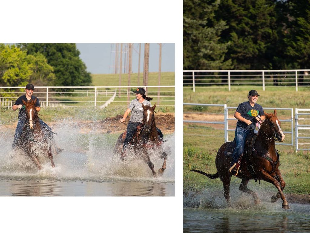 Lexie and her friend Cheyenne run their horses smiling through a pond.