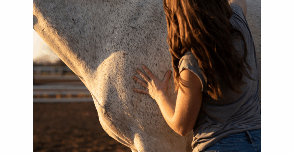 Emotive photo of equine therapist gently connecting with horse during treatment