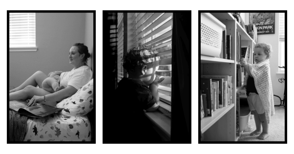 Family and kids relaxing in a lived-in, cluttered home, showing the realness and love of everyday life