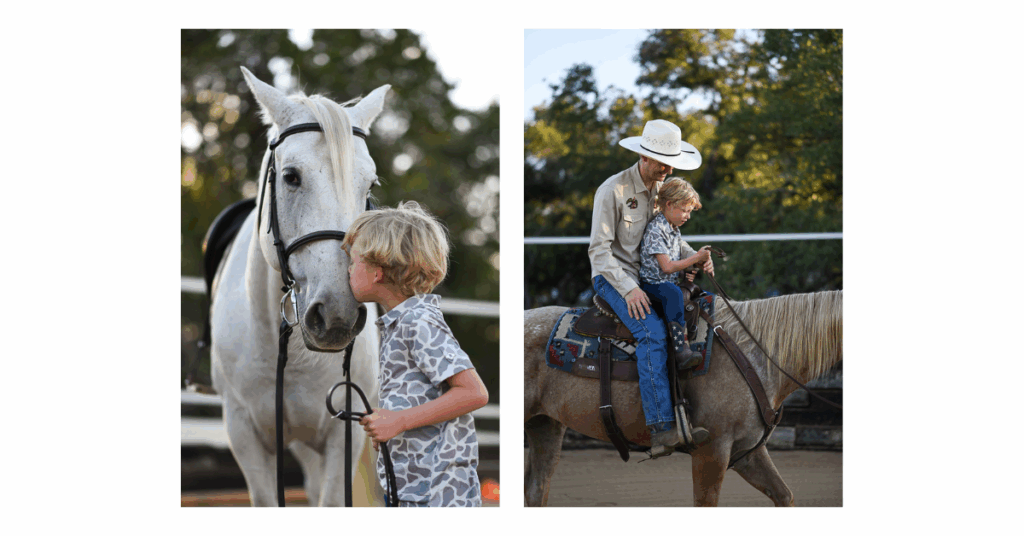 Authentic family photo of dad showing his son how to steer his horse's reins, showing joyful connection outdoors