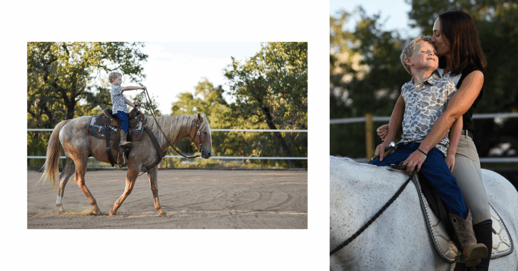 Candid moment of a mom and son with their horse during a natural family photography session