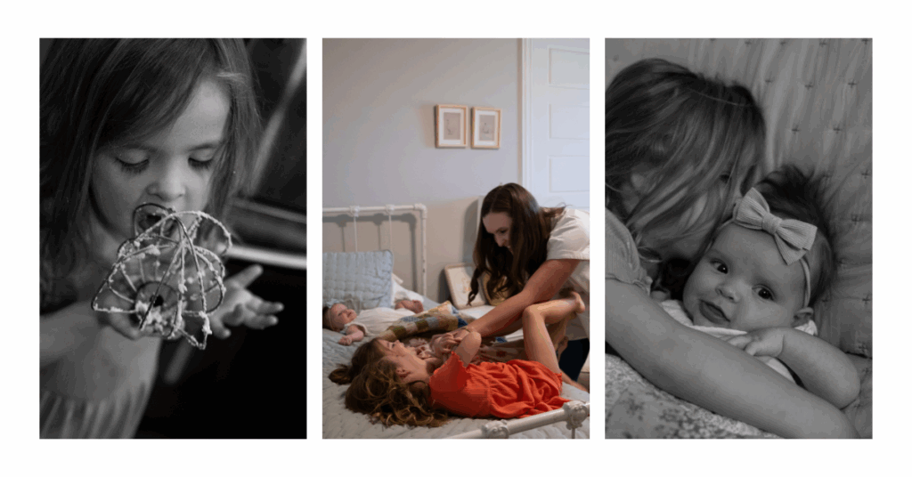 Authentic Fort Worth family photographer capturing mother with baby girl and siblings in real life moments