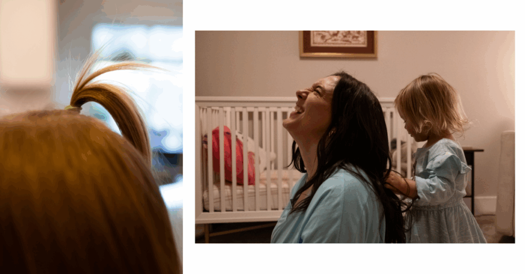 Mom and child doing each other's hair in a relaxed family photography session