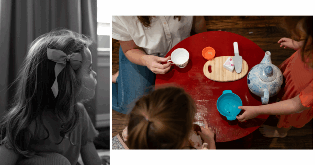 Candid lifestyle family portraits of mom with two little girls and a baby in their Fort Worth home