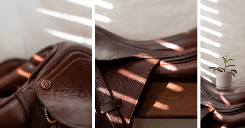 Detailed series of photos up close of a Pessoa English saddle in striped lighting revealing the leather quality.
